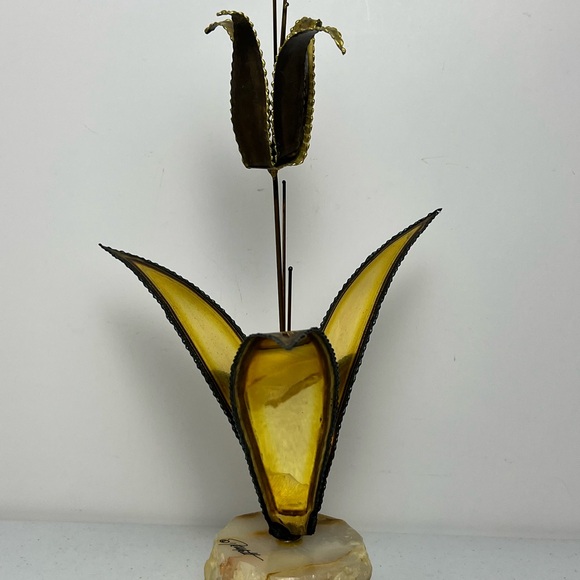 MCM Brutalist Floral Sculpture Brass Copper Signed John DeMott Onyx Base - Picture 4 of 15